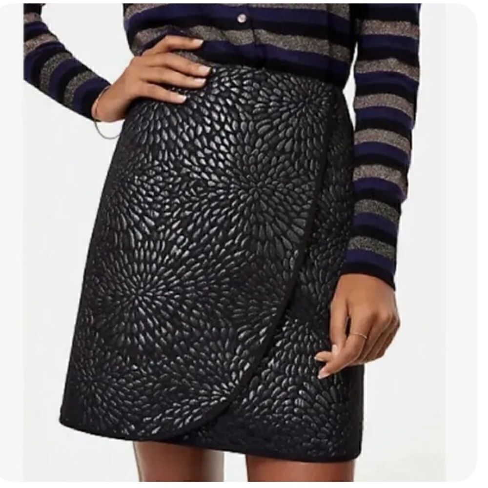 Loft Faux Wrap Black Metallic Floral Embossed Mini Skirt